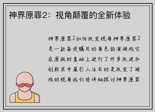 神界原罪2：视角颠覆的全新体验